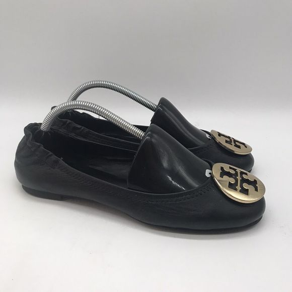 Tory Burch Classic Reva Butter Soft Leather Black Gold Ballet Flats Women's 6.5M - Picture 1 of 11